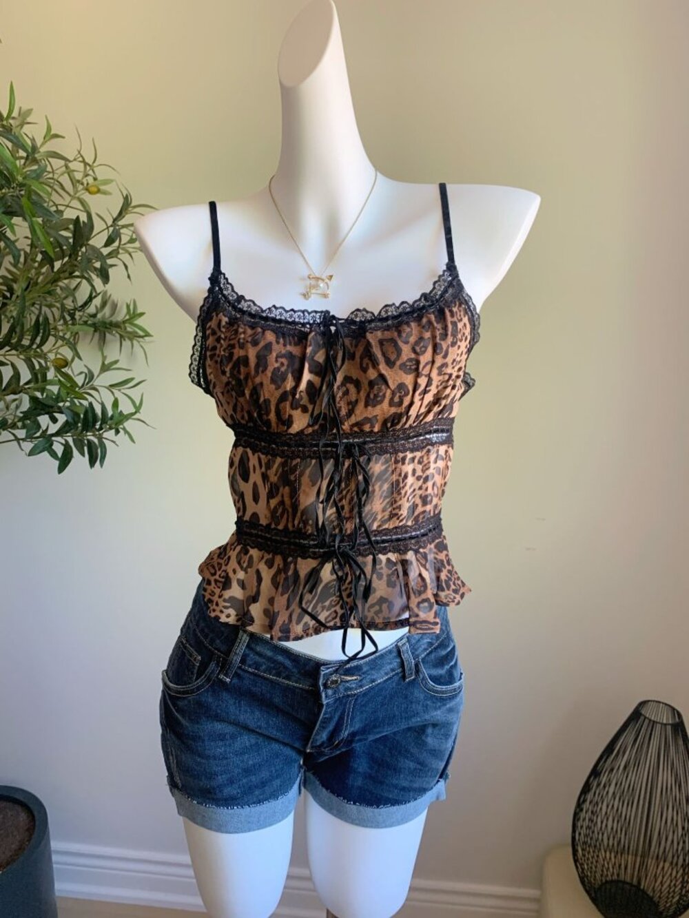 Ally Leopard Print Lace Trim Chiffon Cami Top Peplum S NWT
